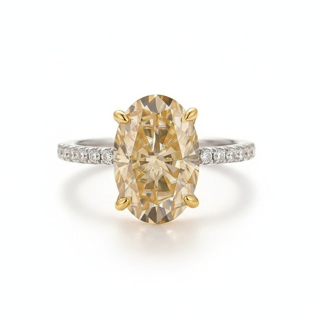 Aurevyn Moissanite 4.0Ct Oval Cut Champagne Hidden Halo Two-Tone Engagement Ring