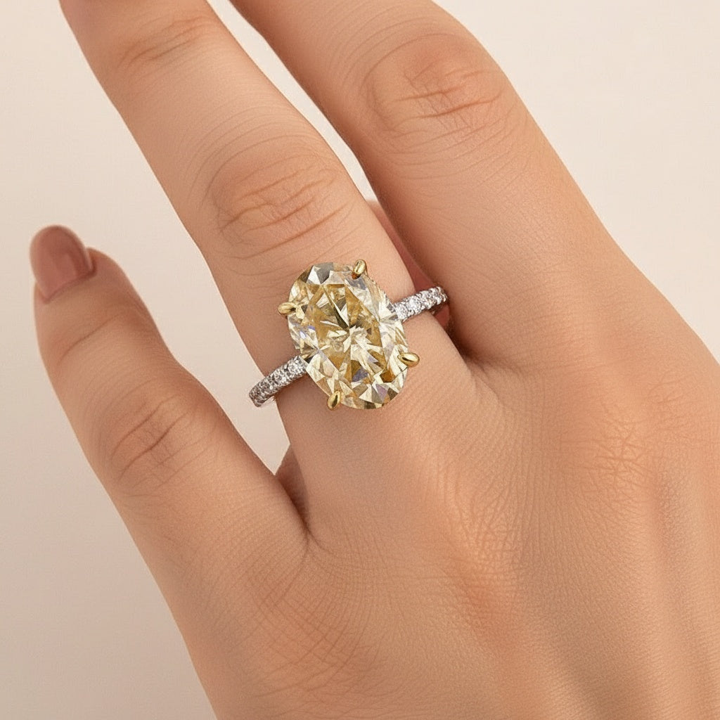 Aurevyn Moissanite 4.0Ct Oval Cut Champagne Hidden Halo Two-Tone Engagement Ring