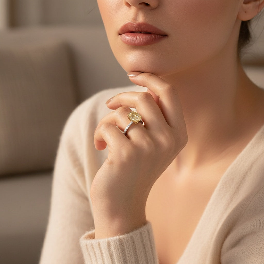 Aurevyn Moissanite 4.0Ct Oval Cut Champagne Hidden Halo Two-Tone Engagement Ring