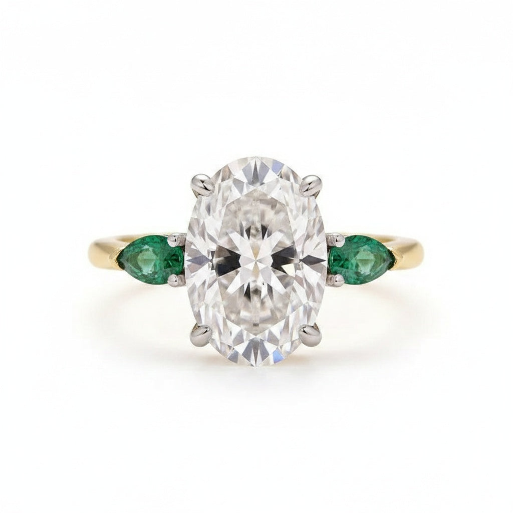 Aurevyn Moissanite 4.0Ct Oval Cut Green Pear Cut Side Stone Engagement Ring