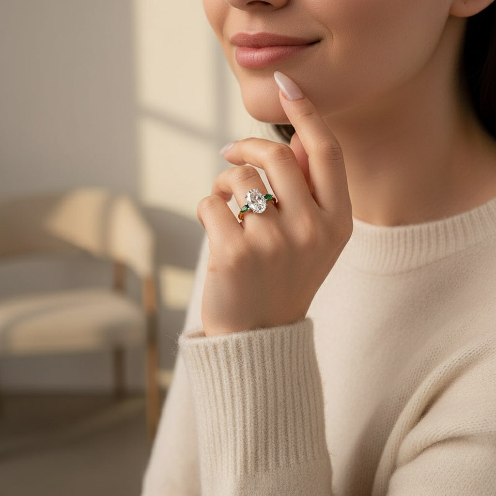 Aurevyn Moissanite 4.0Ct Oval Cut Green Pear Cut Side Stone Engagement Ring