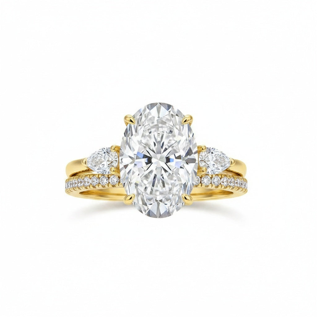 Aurevyn Moissanite 4.0Ct Oval Cut Side Stone Yellow Gold With Pavé Wedding Ring