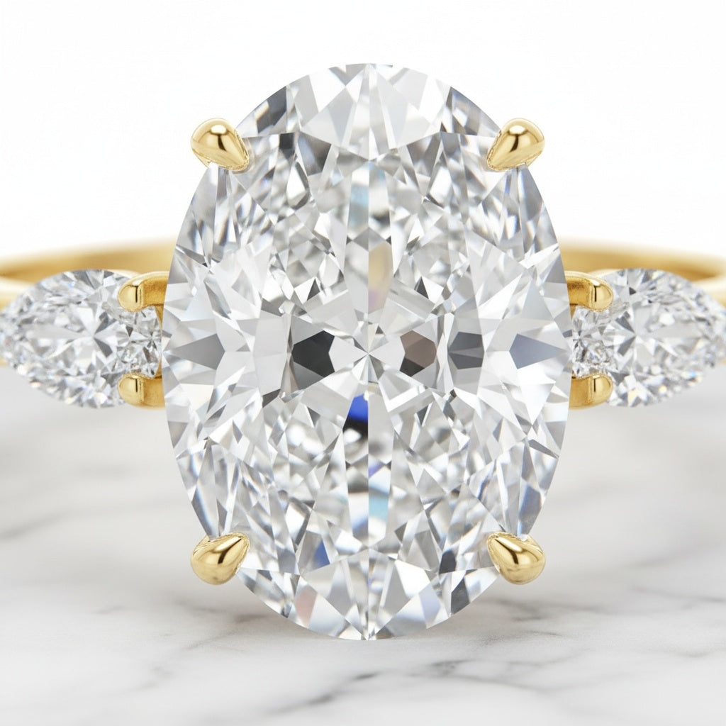 Aurevyn Moissanite 4.0Ct Oval Cut Side Stone Yellow Gold With Pavé Wedding Ring
