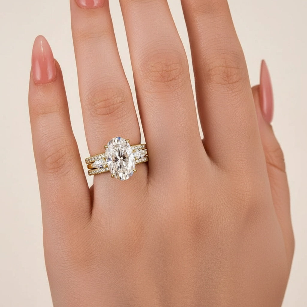 Aurevyn Moissanite 4.0Ct Oval Cut Side Stone Yellow Gold With Pavé Wedding Ring