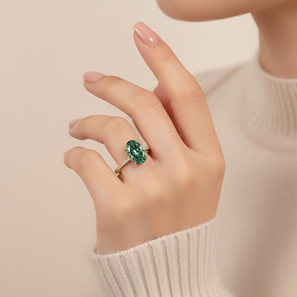 Aurevyn Moissanite 4.0Ct Oval Cut Turquoise Hidden Halo Engagement Ring in Sterling Silver