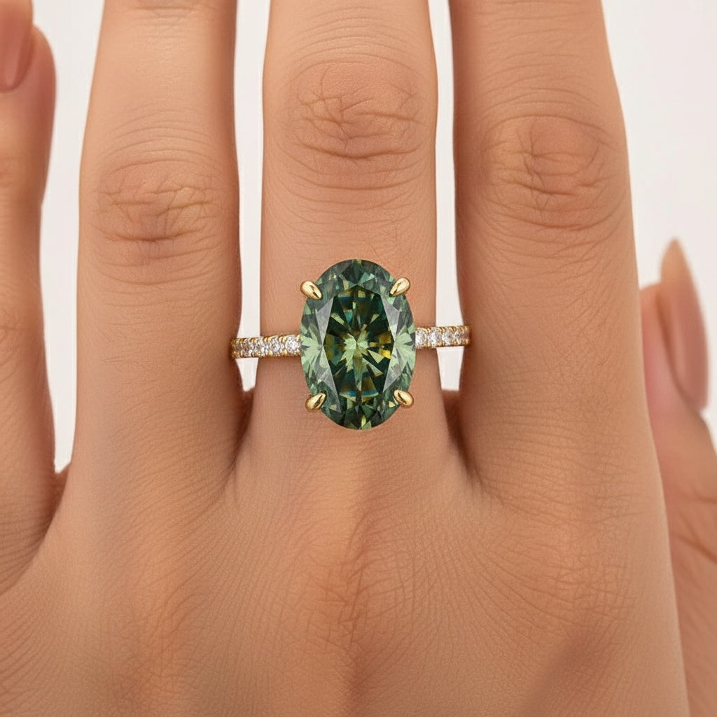 Aurevyn Moissanite 4.0Ct Oval Cut Turquoise Hidden Halo Engagement Ring in Sterling Silver