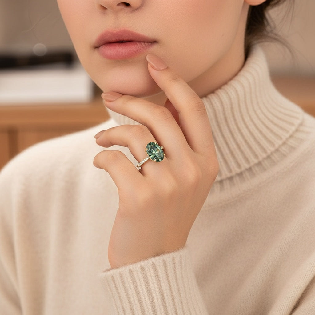 Aurevyn Moissanite 4.0Ct Oval Cut Turquoise Hidden Halo Engagement Ring in Sterling Silver