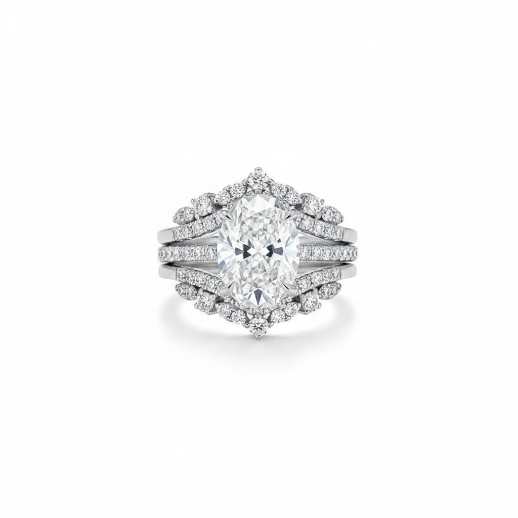 Aurevyn Moissanite 4.0Ct Oval Cut White Gold Stack Wedding Ring with Jacket Wedding Band