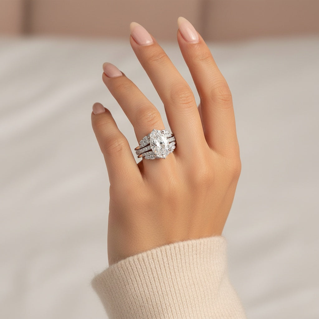 Aurevyn Moissanite 4.0Ct Oval Cut White Gold Stack Wedding Ring with Jacket Wedding Band
