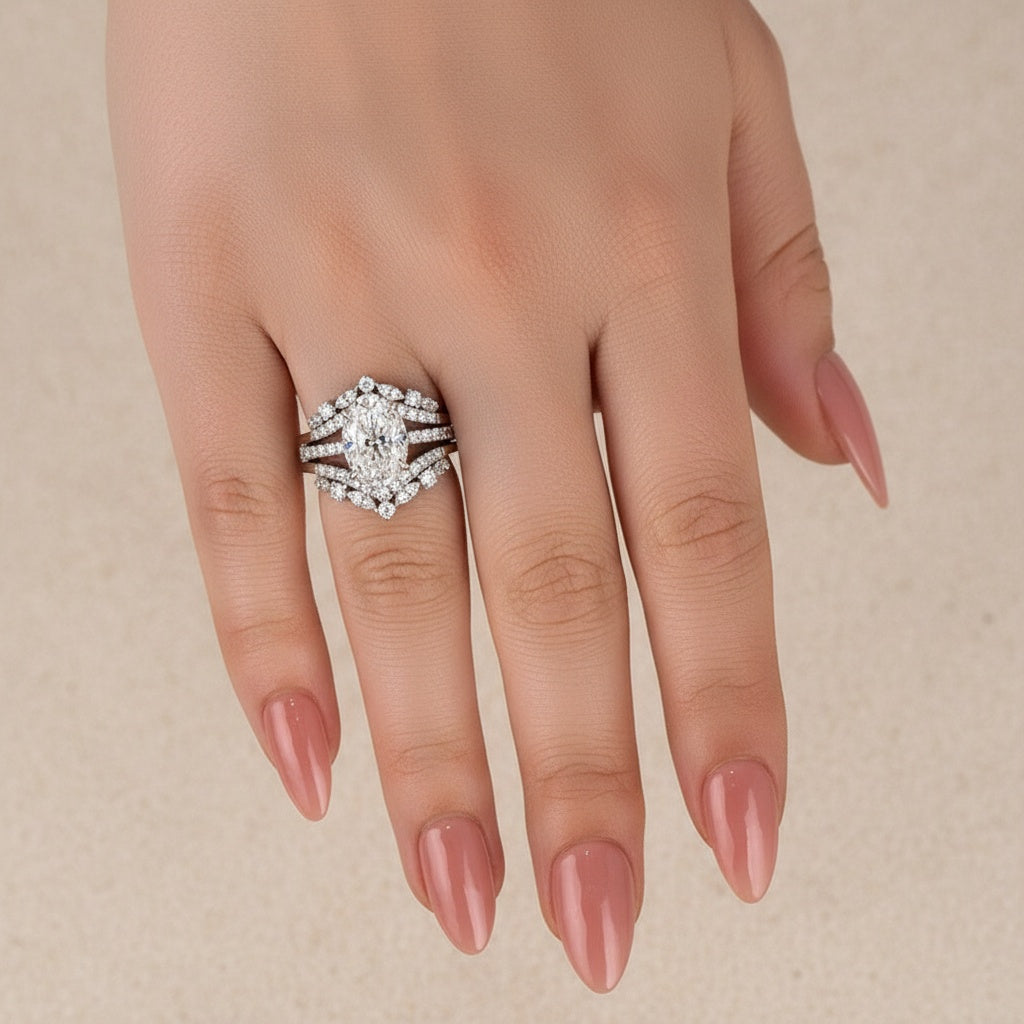 Aurevyn Moissanite 4.0Ct Oval Cut White Gold Stack Wedding Ring with Jacket Wedding Band