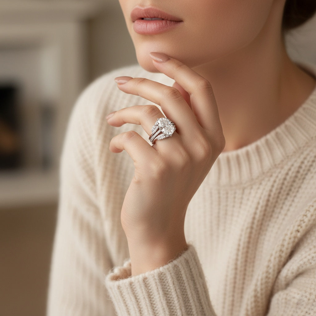 Aurevyn Moissanite 4.0Ct Oval Cut White Gold Stack Wedding Ring with Jacket Wedding Band