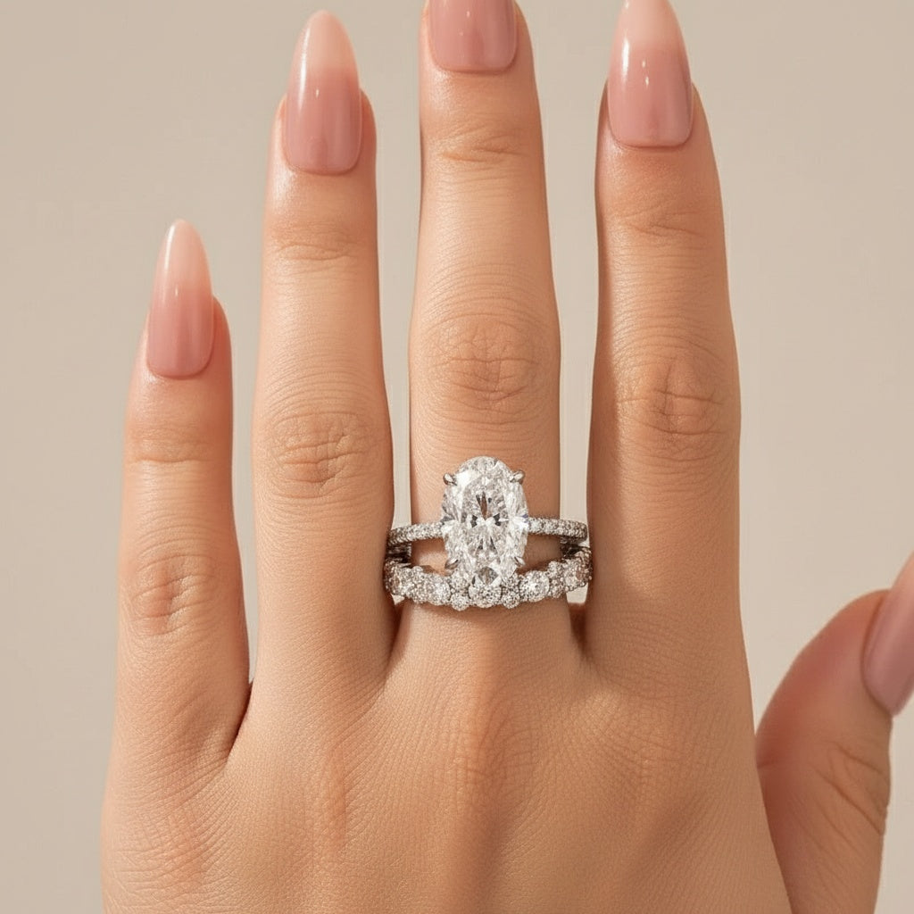 Aurevyn Moissanite 4.0Ct Oval Cut White Gold Wedding Ring with Round Cut Full Wedding Band