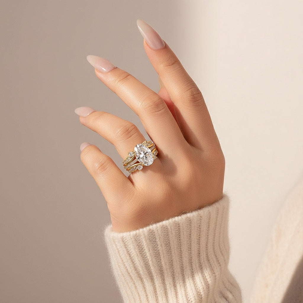 Aurevyn Moissanite 4.0Ct Oval Cut Yellow Gold Wedding Ring with Enhancer Ring