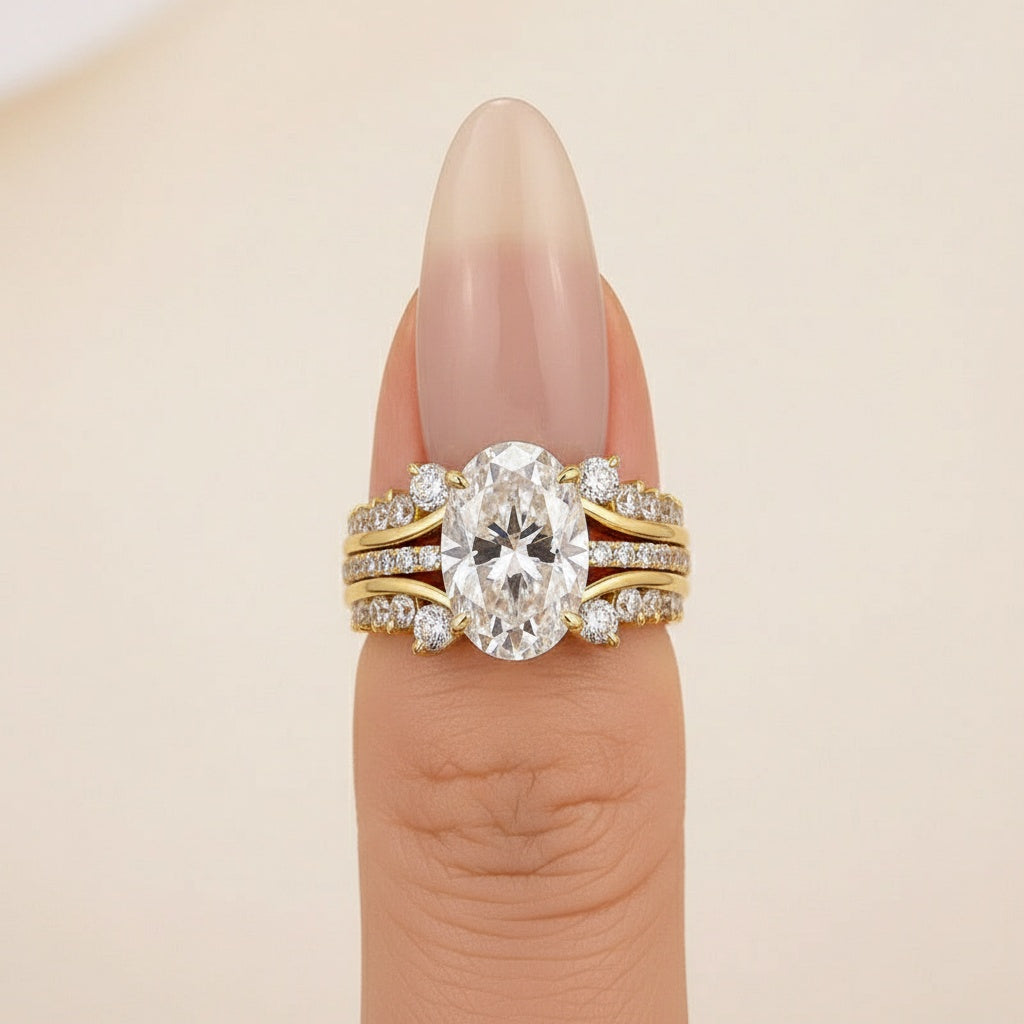 Aurevyn Moissanite 4.0Ct Oval Cut Yellow Gold Wedding Ring with Enhancer Ring