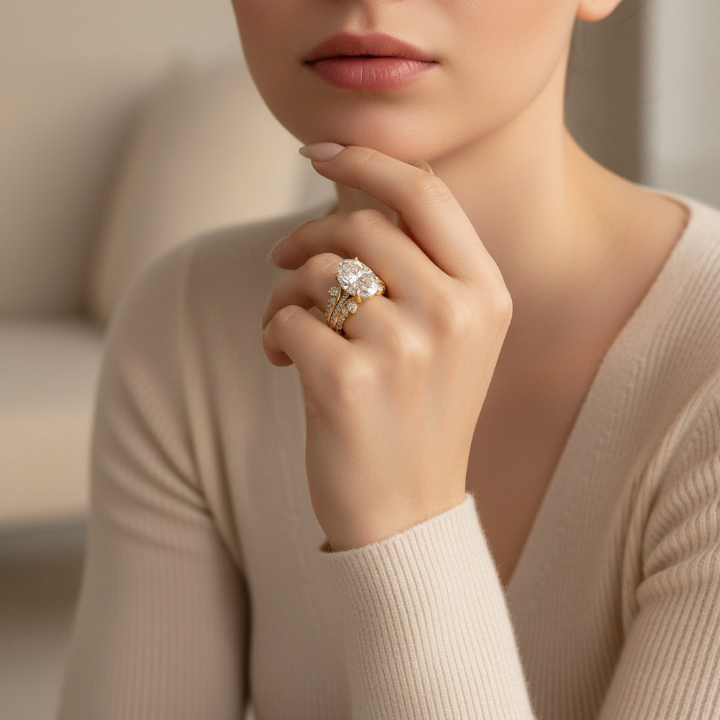 Aurevyn Moissanite 4.0Ct Oval Cut Yellow Gold Wedding Ring with Enhancer Ring