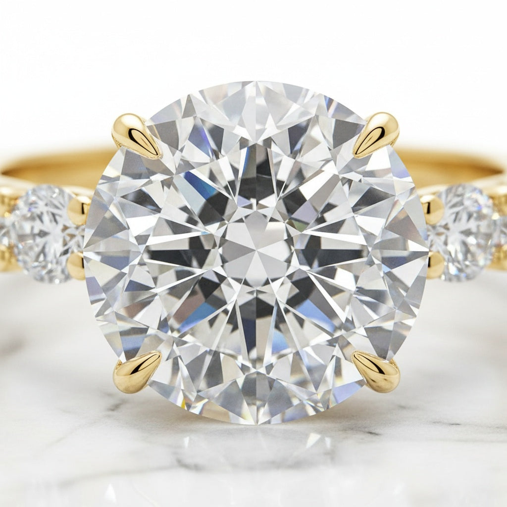 Aurevyn Moissanite 4.0Ct Round Cu/Oval Cut Side Stone Yellow Gold Travel Bridal Set