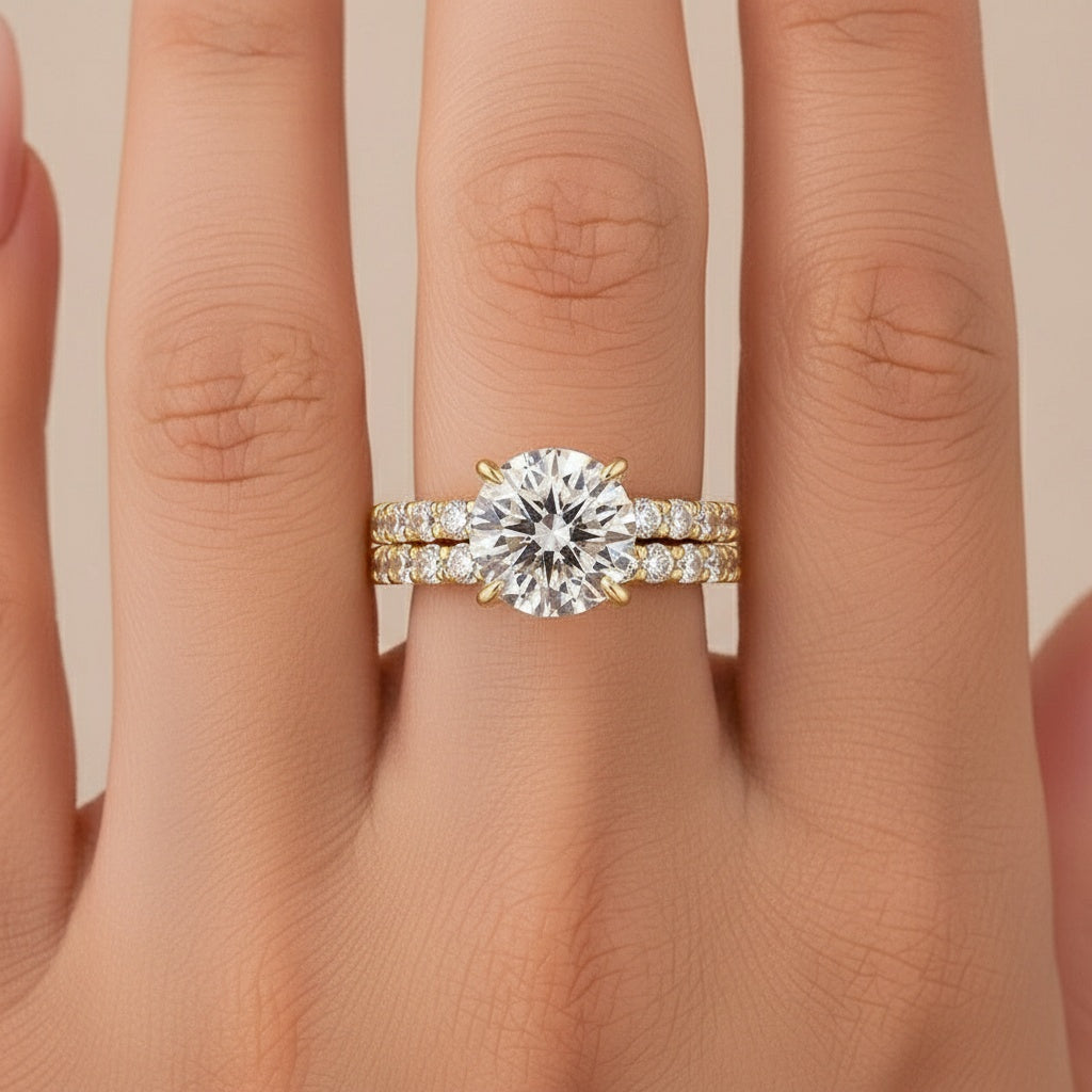 Aurevyn Moissanite 4.0Ct Round Cu/Oval Cut Side Stone Yellow Gold Travel Bridal Set