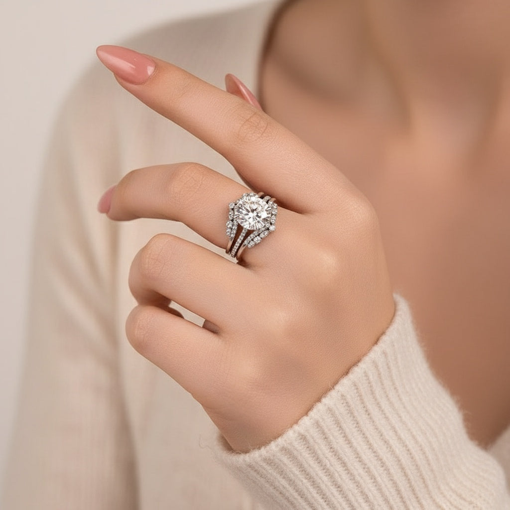 Aurevyn Moissanite 4.0Ct Round Cut 4 Prong Stack Wedding Ring with Jacket Wedding Band