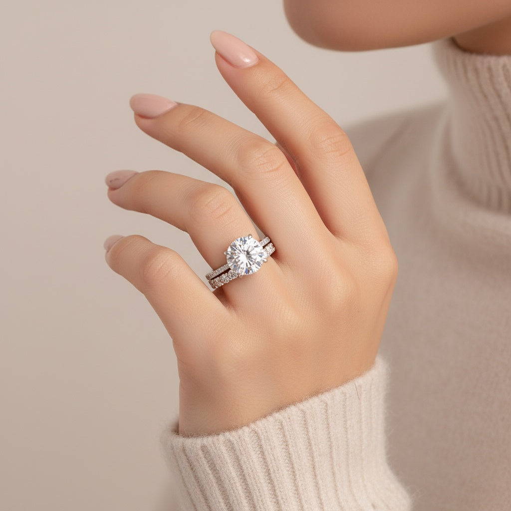 Aurevyn Moissanite 4.0Ct Round Cut White Gold Bridal Ring Set