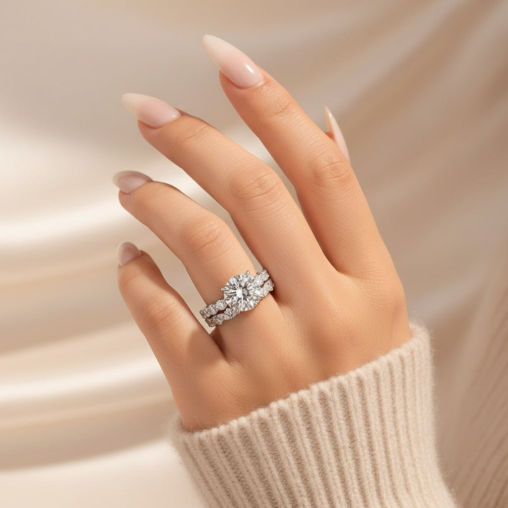 Aurevyn Moissanite 4.0Ct Round Cut White Gold  White/ Green Wedding Ring with Round & Marquise Cut Wedding Ring