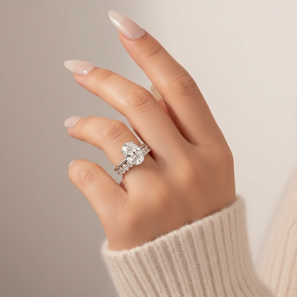 Aurevyn Moissanite 4.0Ct Solitaire Oval Cut Engagement Ring with Half Oval Cut Wedding Band