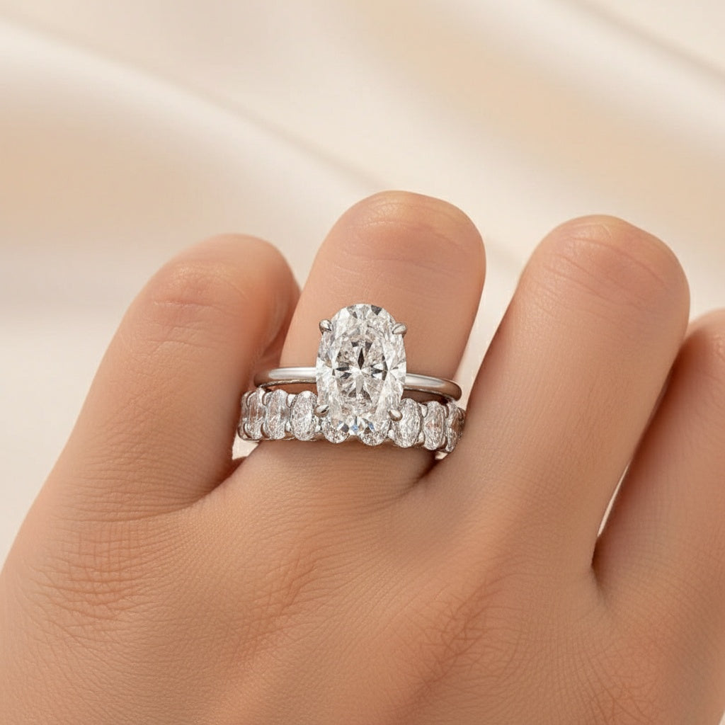 Aurevyn Moissanite 4.0Ct Solitaire Oval Cut Engagement Ring with Half Oval Cut Wedding Band