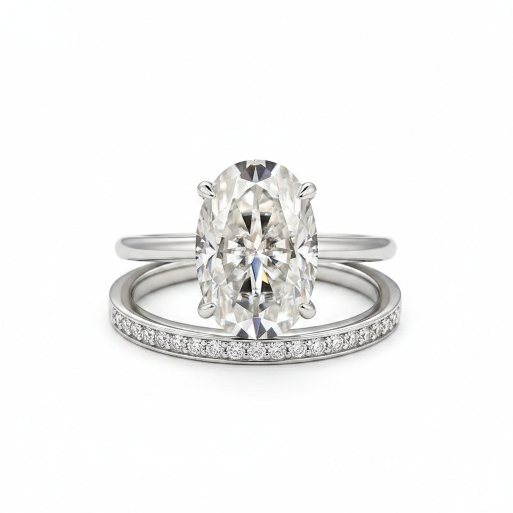 Aurevyn Moissanite 4.0Ct Solitaire Oval Cut White Gold Wedding Ring with Pavé Eternity Ring