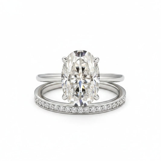 Aurevyn Moissanite 4.0Ct Solitaire Oval Cut White Gold Wedding Ring with Pavé Eternity Ring