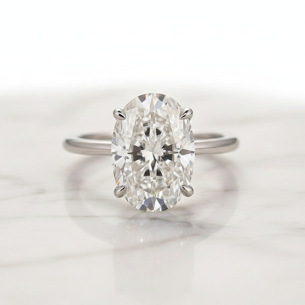 Aurevyn Moissanite 4.0Ct Solitaire Oval Cut White Gold Wedding Ring with Pavé Eternity Ring