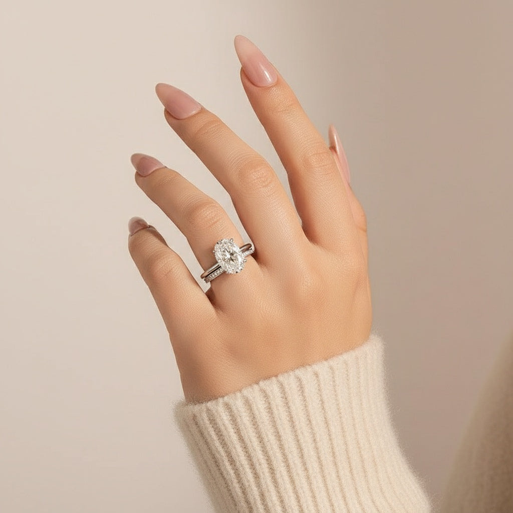 Aurevyn Moissanite 4.0Ct Solitaire Oval Cut White Gold Wedding Ring with Pavé Eternity Ring