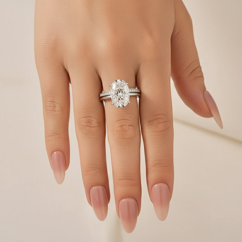 Aurevyn Moissanite 4.0Ct Solitaire Oval Cut White Gold Wedding Ring with Pavé Eternity Ring