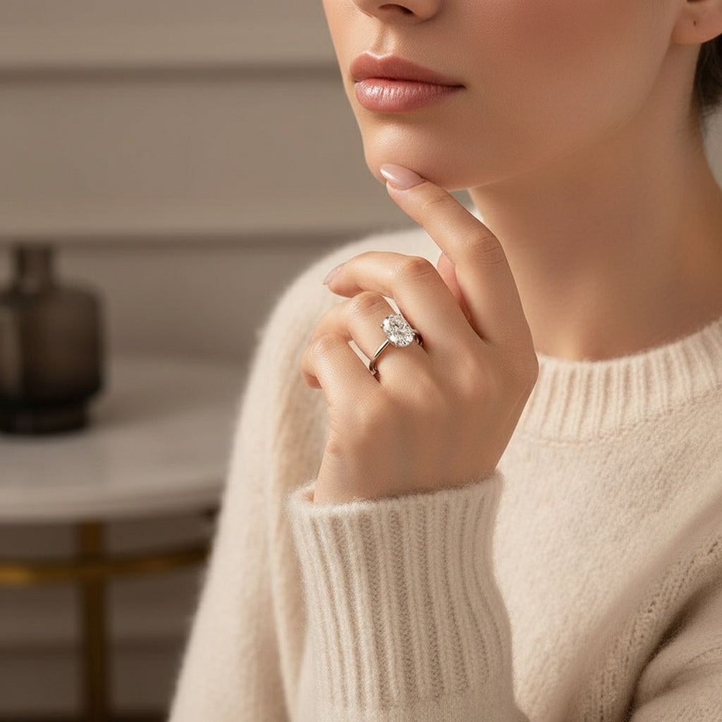 Aurevyn Moissanite 4.0Ct Solitaire Oval Cut White Gold Wedding Ring with Pavé Eternity Ring
