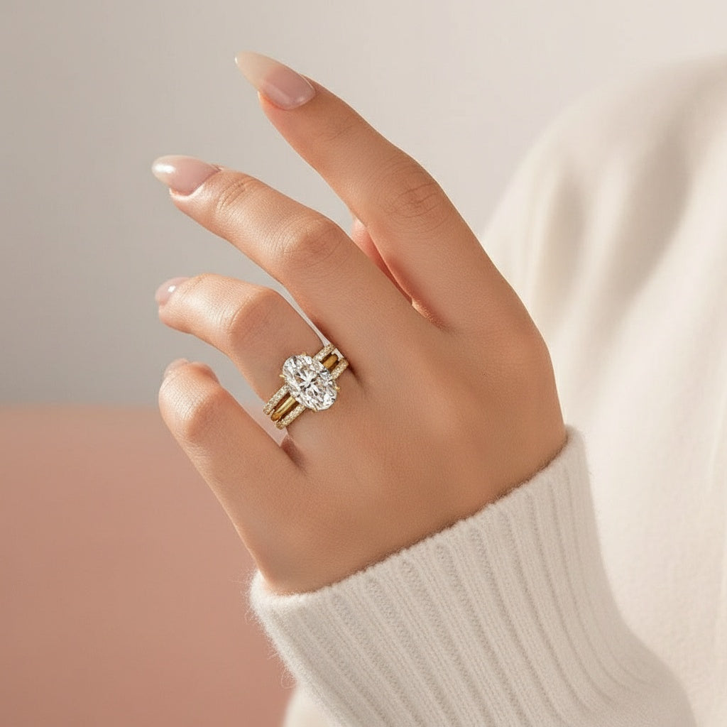 Aurevyn Moissanite 4.0Ct Solitaire Oval Cut Yellow Gold With Pavé Wedding Ring