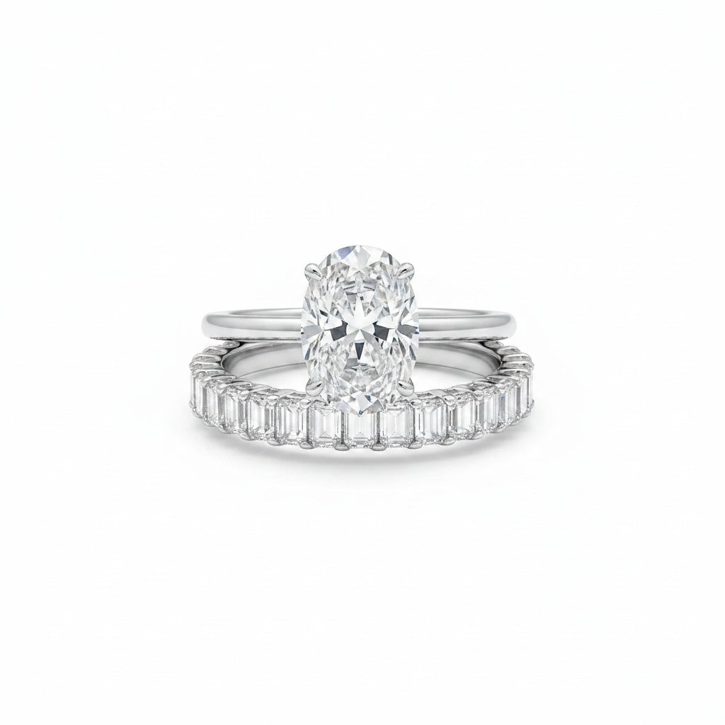 Aurevyn Moissanite 4.0Ct Solitaire Oval Cut/3.5Ct Emerald Cut White Gold Wedding Ring with Emerald Cut Wedding Ring