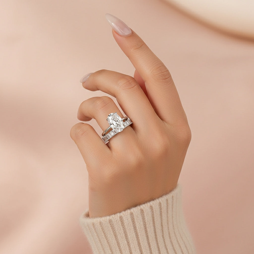 Aurevyn Moissanite 4.0Ct Solitaire Oval Cut/3.5Ct Emerald Cut White Gold Wedding Ring with Emerald Cut Wedding Ring