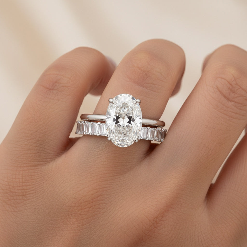 Aurevyn Moissanite 4.0Ct Solitaire Oval Cut/3.5Ct Emerald Cut White Gold Wedding Ring with Emerald Cut Wedding Ring