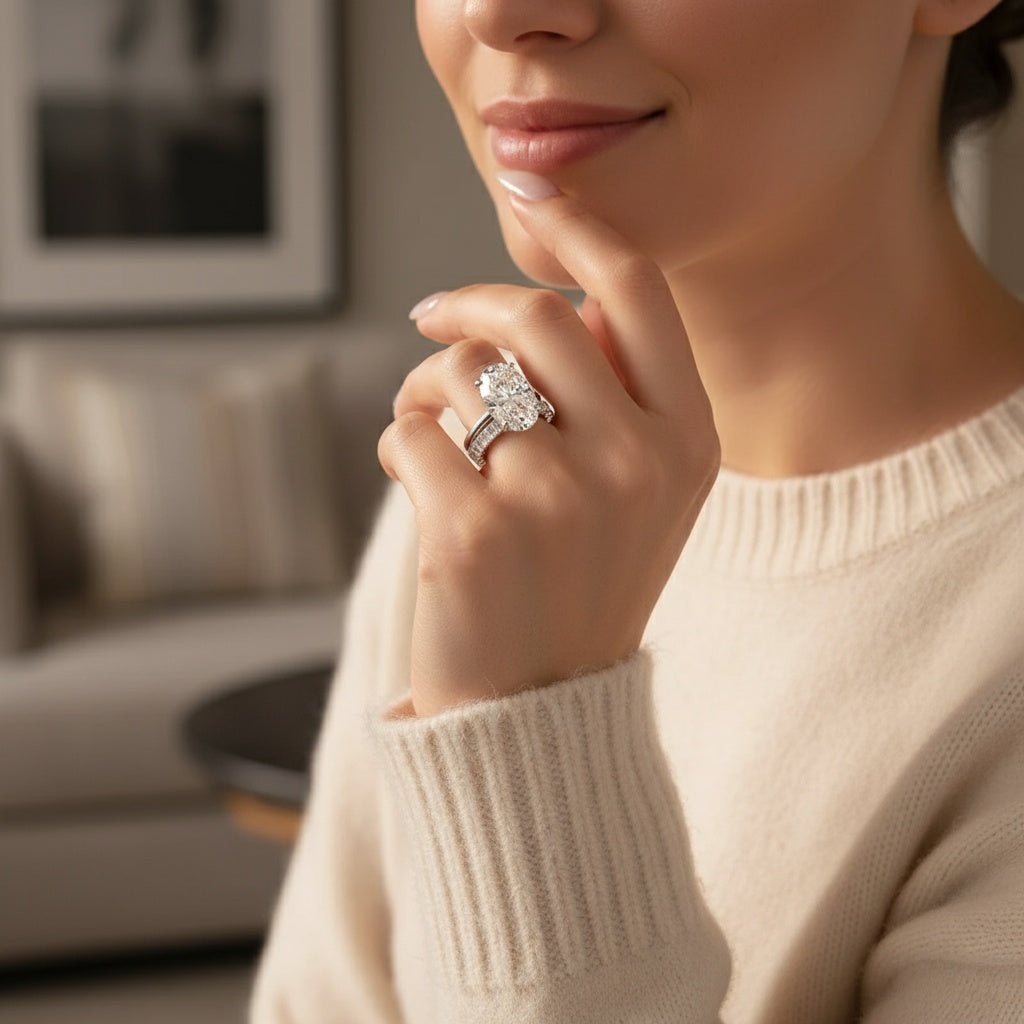Aurevyn Moissanite 4.0Ct Solitaire Oval Cut/3.5Ct Emerald Cut White Gold Wedding Ring with Emerald Cut Wedding Ring