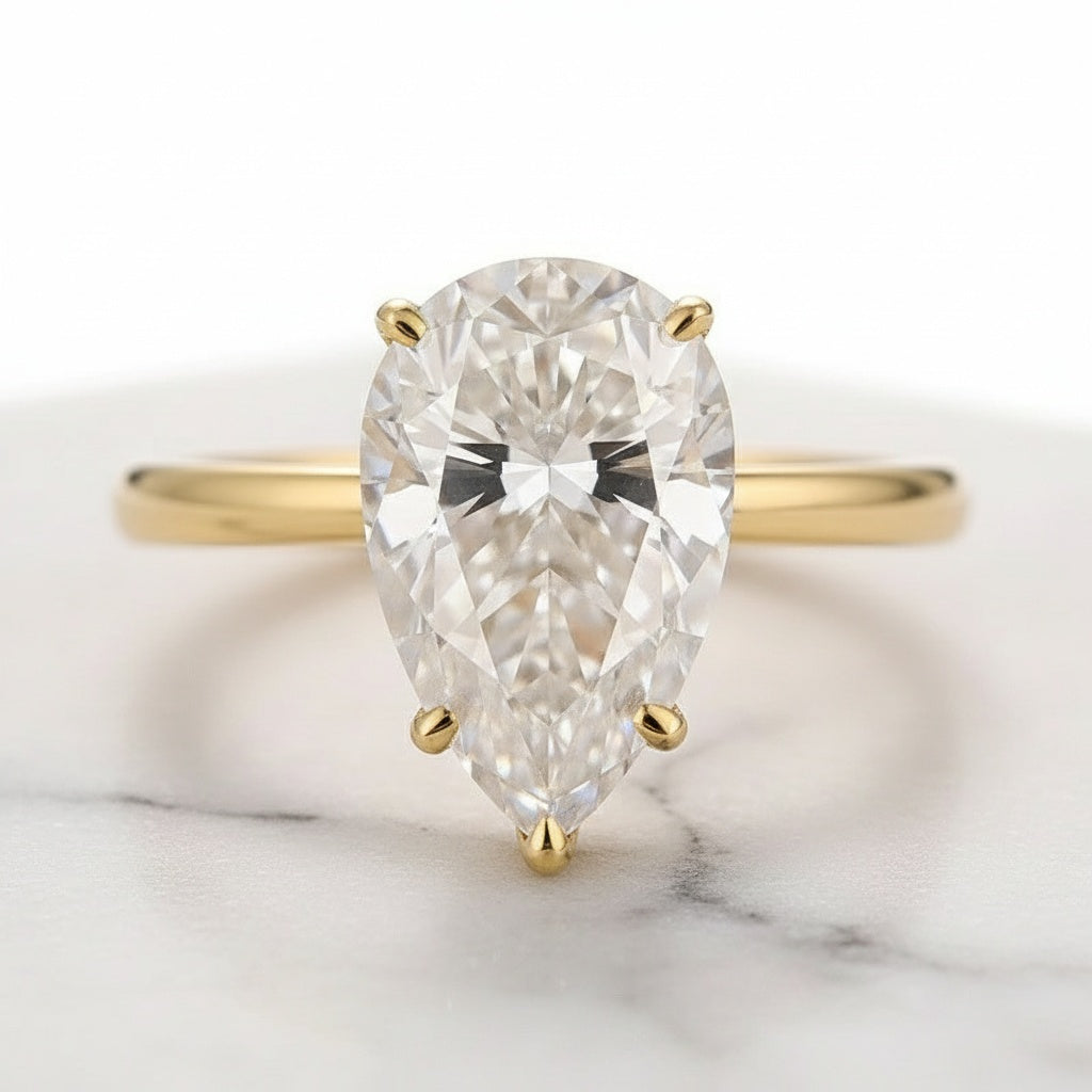 Aurevyn Moissanite 4.0Ct Solitaire Pear Cut Yellow Gold  Wedding Ring with V Contour Wedding Band