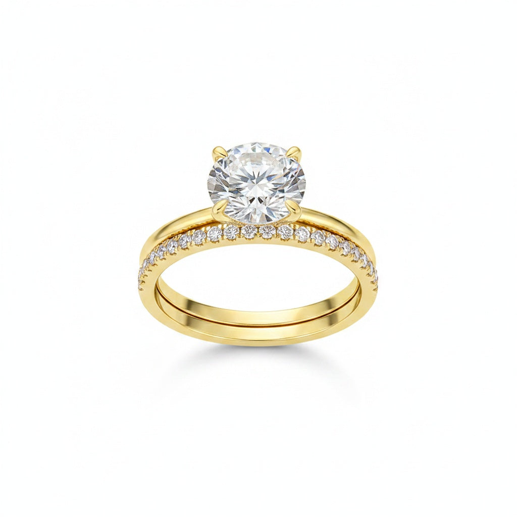Aurevyn Moissanite 4.0Ct Solitaire Round Cut Yellow Gold Engagement Ring with Eternity Thin Wedding Band