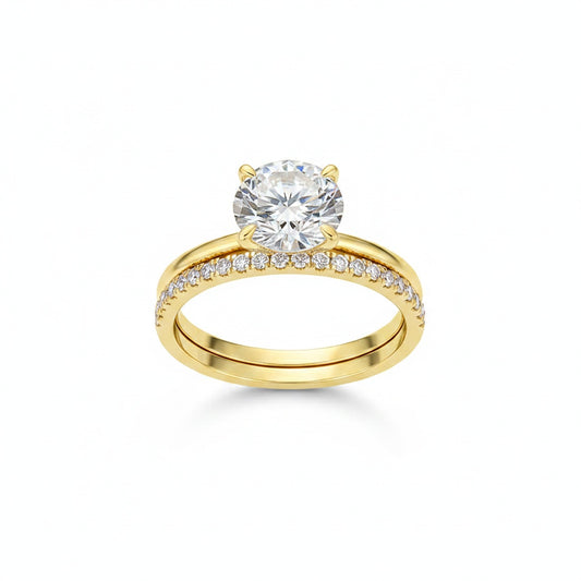 Aurevyn Moissanite 4.0Ct Solitaire Round Cut Yellow Gold Engagement Ring with Eternity Thin Wedding Band