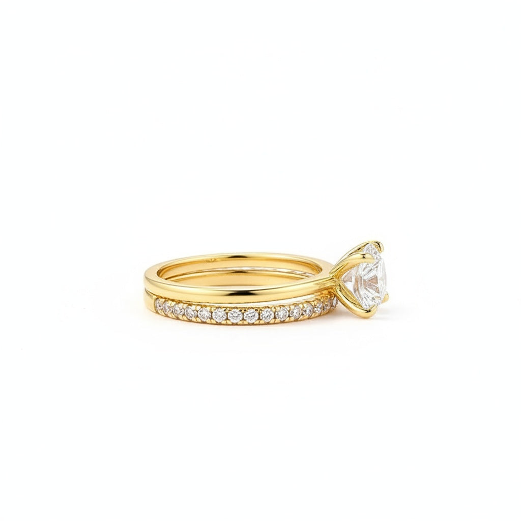 Aurevyn Moissanite 4.0Ct Solitaire Round Cut Yellow Gold Engagement Ring with Eternity Thin Wedding Band
