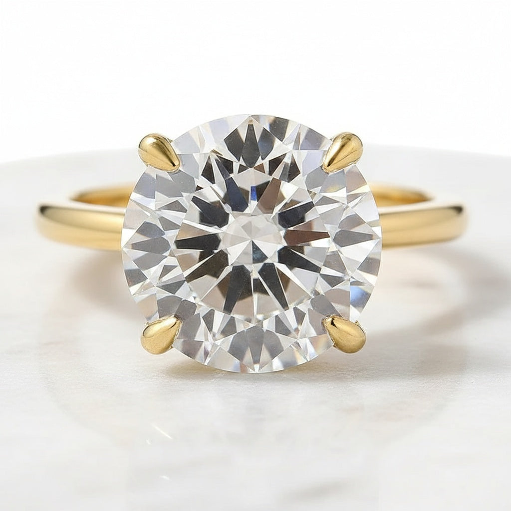 Aurevyn Moissanite 4.0Ct Solitaire Round Cut Yellow Gold Engagement Ring with Eternity Thin Wedding Band