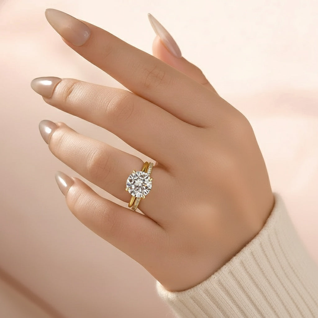 Aurevyn Moissanite 4.0Ct Solitaire Round Cut Yellow Gold Engagement Ring with Eternity Thin Wedding Band