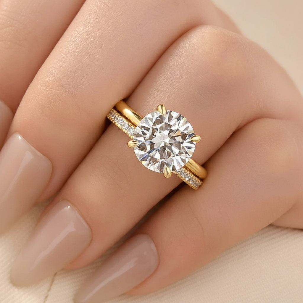 Aurevyn Moissanite 4.0Ct Solitaire Round Cut Yellow Gold Engagement Ring with Eternity Thin Wedding Band