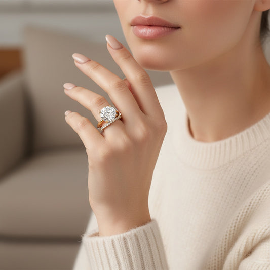 Aurevyn Moissanite 4.0Ct Solitaire Round Cut Yellow Gold Engagement Ring with Eternity Thin Wedding Band