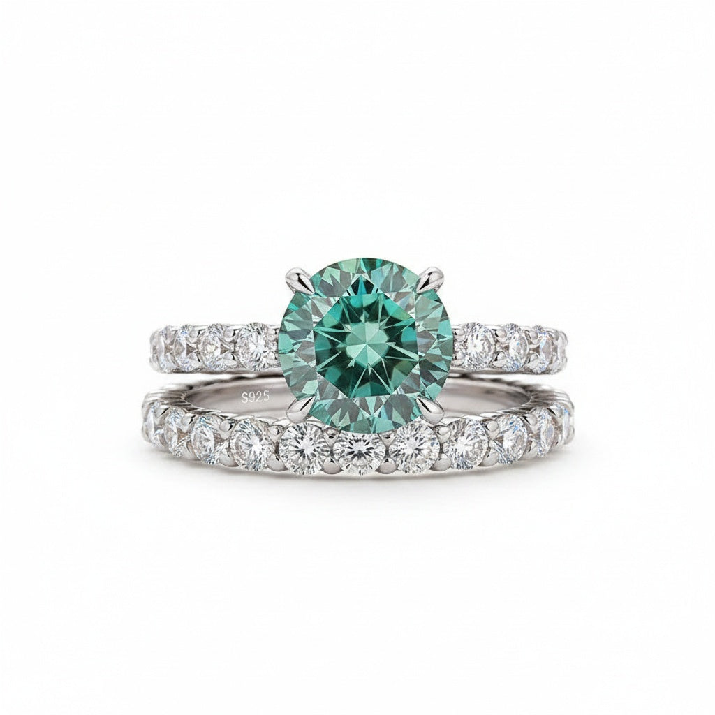 Aurevyn Moissanite 4.0Ct Turquoise Round Cut Side Stone White Gold Travel Bridal Set