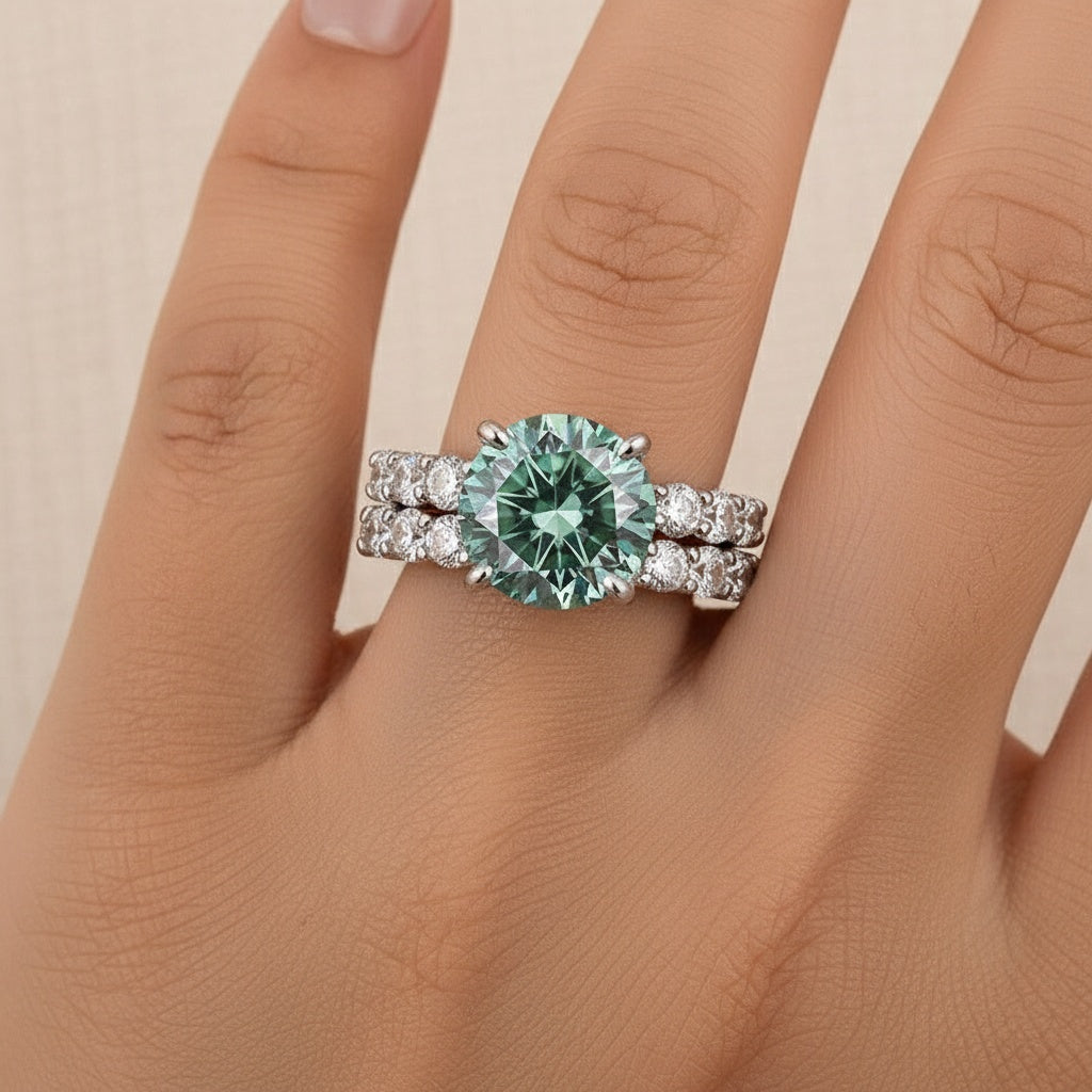 Aurevyn Moissanite 4.0Ct Turquoise Round Cut Side Stone White Gold Travel Bridal Set