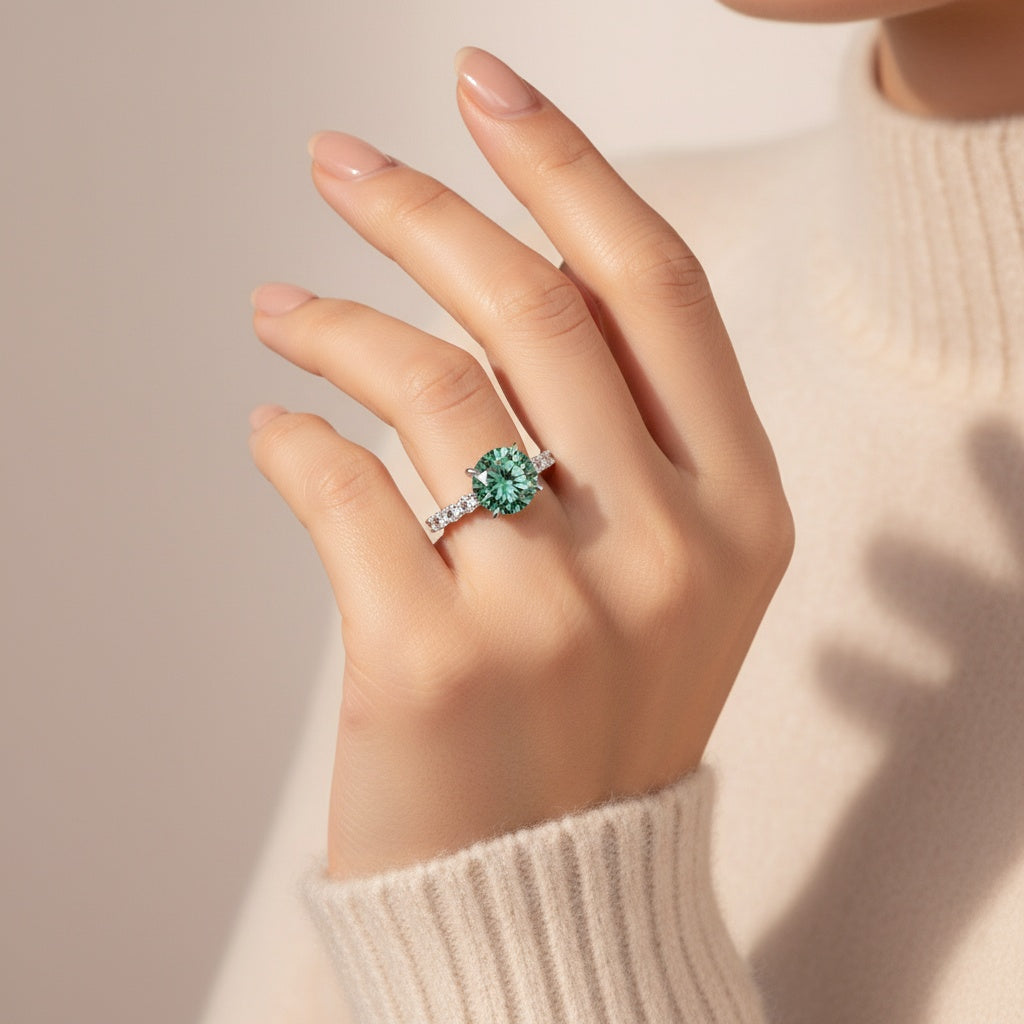 Aurevyn Moissanite 4.0Ct Turquoise Round Cut White Gold Engagement Ring