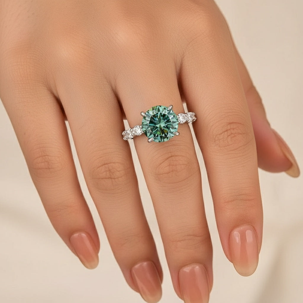 Aurevyn Moissanite 4.0Ct Turquoise Round Cut White Gold Engagement Ring