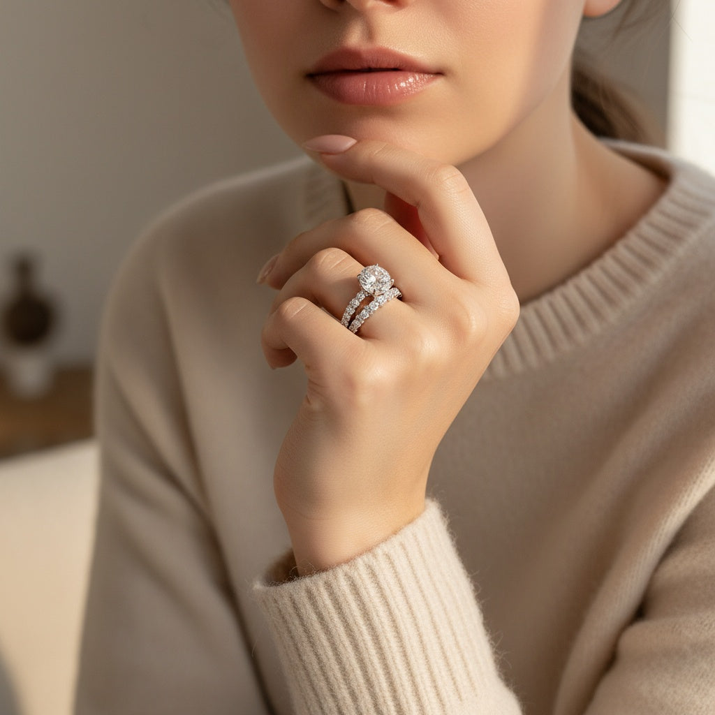 Aurevyn Moissanite 4.0Ct/3.0 Ct Round Cut White Gold Stack Wedding Ring with Round Cut Full Wedding Band